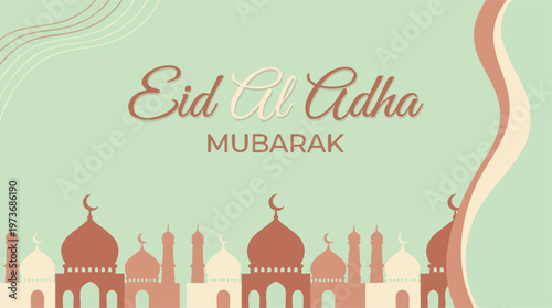 Eid Al Adha Mubarak greeting design with stylized mosques and elegant typography