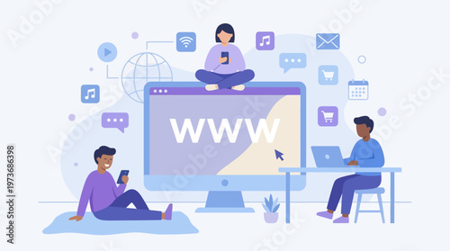 People interacting with technology devices in a modern workspace environment