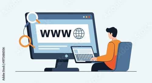 A man sits on a chair while browsing the internet on a computer with a laptop.