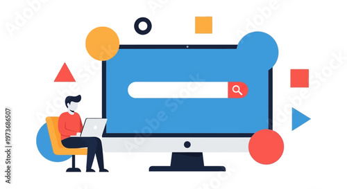 Person sitting with laptop searches on large computer screen surrounded by shapes