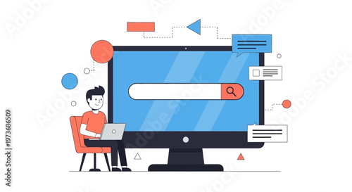 A person searches on a computer with a large monitor and various icons