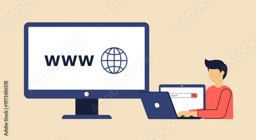 Man sitting at desk working on laptop and computer with internet