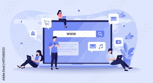 People interact with a large computer screen displaying a search bar and various icons in an office setting.