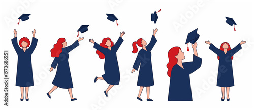 Graduation students throwing mortarboards, flat vector illustration set. Happy female graduates in gowns celebrating academic success, education achievement, university commencement, isolated on white