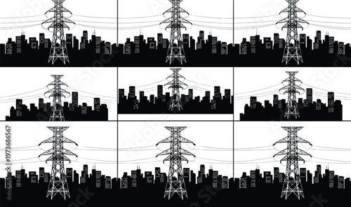 Urban Skyline Silhouette with Electricity Transmission Towers and Power Lines City Infrastructure Industrial Vector Set on White Background