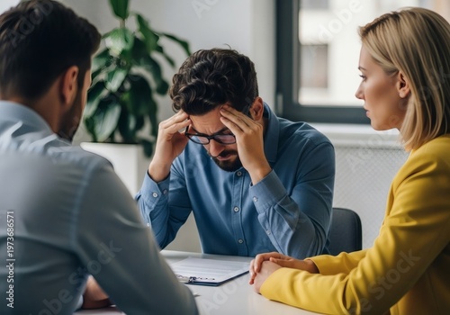 Stressed Man in Business Meeting with Colleagues.