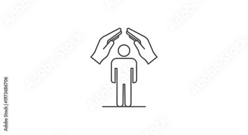 a clean line icon illustrating a person protected by caring hands representing personal security health insurance and social care concepts for well-being.