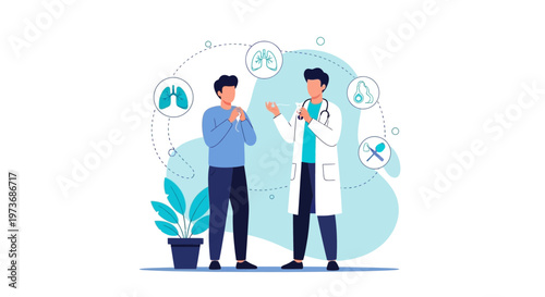 Doctor consulting patient about respiratory health, lung icons and medical symbols