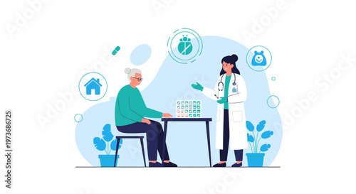 Doctor consulting elderly woman, discussing treatment options with medication
