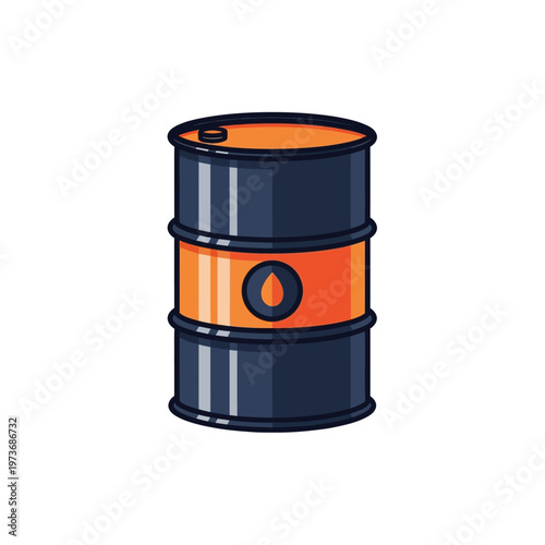 a stylized crude oil barrel illustration with an orange band and oil drop symbol ideal for representing the energy industry and global economy.