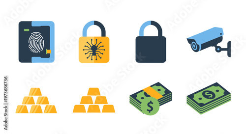 Financial Security Icons Fingerprint Lock Camera Gold Bars and Money