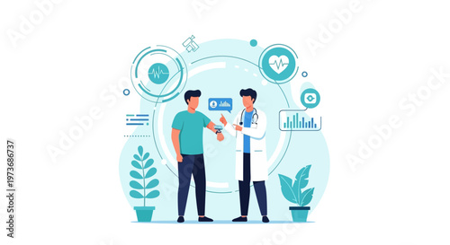 Doctor consulting patient about smartwatch health data, futuristic medical technology concept