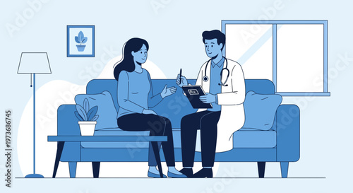 Doctor consulting patient at home, discussing health and treatment plan on sofa