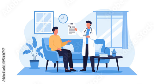 Doctor consulting patient at home, explaining prescription, healthcare, medical advice