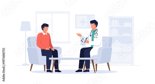 Doctor consulting patient in clinic, discussing medical treatment and prescription