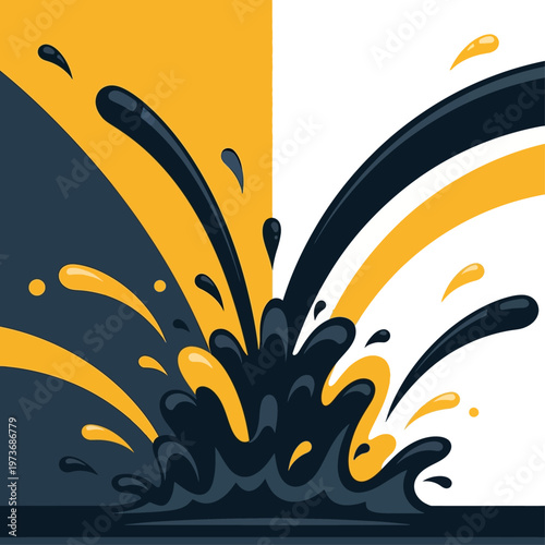 abstract vector liquid splash with dynamic dark and yellow fluid erupting and strong color contrast on a split background.