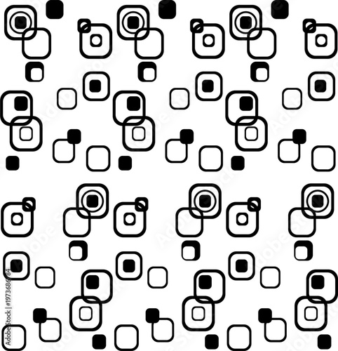 Black and white seamless geometric pattern with retro rounded squares and circles. Abstract mid-century modern background for wallpaper, textile, and web design.eps