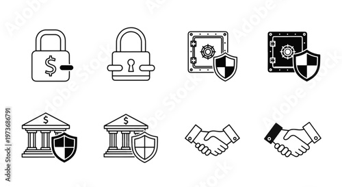 Financial Security Icons Safe Deposit Bank Lock and Handshake