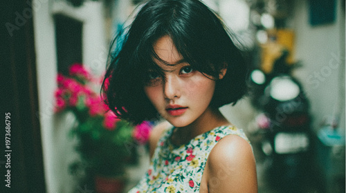 Vintage-style collage featuring multiple angles of a beautiful adult Korean woman laughing naturally in soft outdoor light. The composition blends side profiles and candid expressions with a dreamy bo