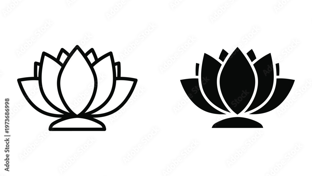 Fototapeta premium Contrast between outline and filled lotus flower symbols on a plain background