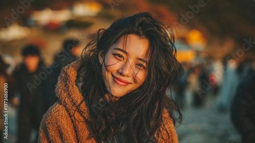Vintage-style collage featuring multiple angles of a beautiful adult Korean woman laughing naturally in soft outdoor light. The composition blends side profiles and candid expressions with a dreamy bo