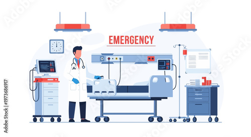 Doctor in Emergency Room with Patient Bed and Medical Equipment