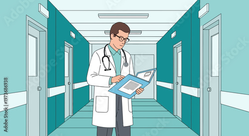 Doctor in Hospital Corridor Reading Medical Records