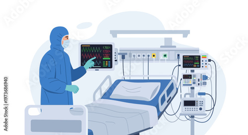 Doctor in hazmat suit monitoring patient in icu with medical equipment and monitors