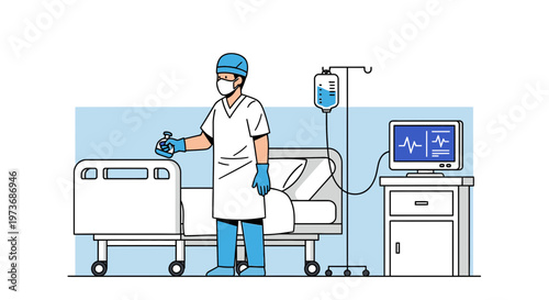 Doctor in Hospital Room with Patient Bed, IV Drip, and Monitor
