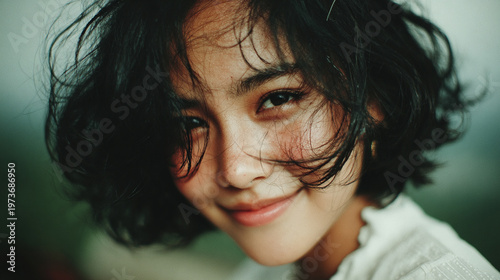 Vintage-style collage featuring multiple angles of a beautiful adult Korean woman laughing naturally in soft outdoor light. The composition blends side profiles and candid expressions with a dreamy bo