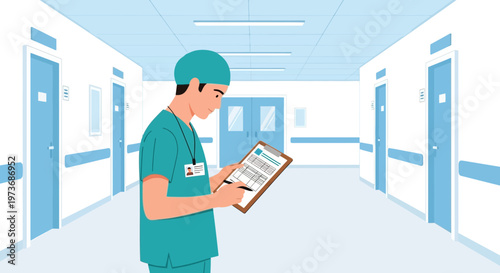 Doctor in hospital hallway writing on clipboard, medical care concept
