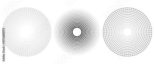 Black concentric circle set. Sonar or sound wave ring collection. Dotted and linear epicentre, target, radar icon concept. Ripple radial signal or vibration elements. Vector line and halftone symbols