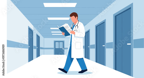 Doctor reading medical book in hospital corridor