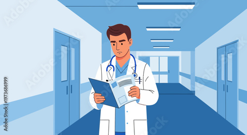Doctor reading medical document in hospital corridor, healthcare professional, medical research