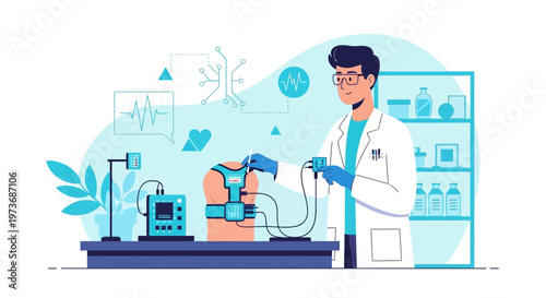 Doctor testing medical device on dummy, science, technology, healthcare research