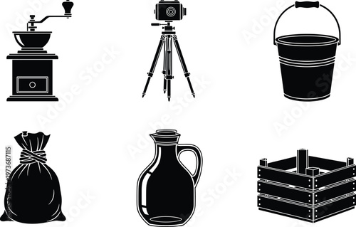 Vintage household objects set, retro coffee grinder camera bucket sack bottle crate vector illustration, antique items collection, classic storage tools, black and white icon design