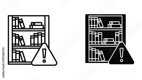 Contrast between traditional and modern library book shelf warnings with caution symbols