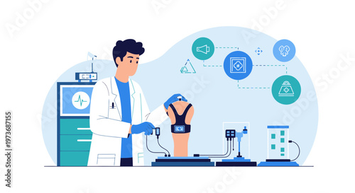 Doctor testing advanced medical device with futuristic interface and icons