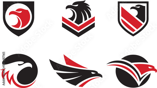 Collection of eagle logos in modern abstract style with shield and emblem designs. Strong and aggressive vector set representing power, freedom, leadership, and protection. Ideal for esports teams, ga