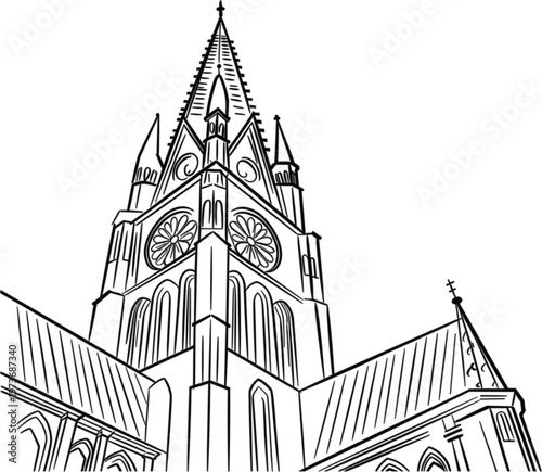 Detailed black and white line of a Gothic church tower with rose windows