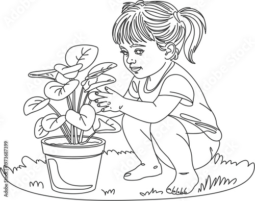 Girl Caring for a Potted Plant in a Garden child heart-shaped leaves