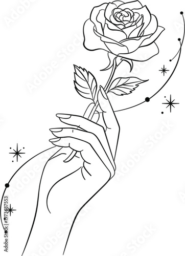 Hand Holding a Rose with Stars in Black and White Line