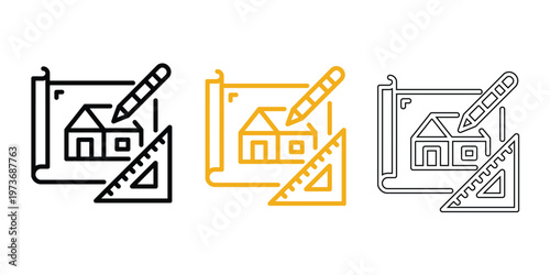 Architectural Blueprint Icons: House Design, Drafting Tools, Construction Planning Icons