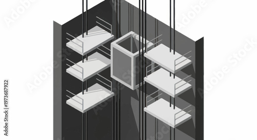 Modern Elevator Shaft with Multiple Platforms Ascending and Descending.
