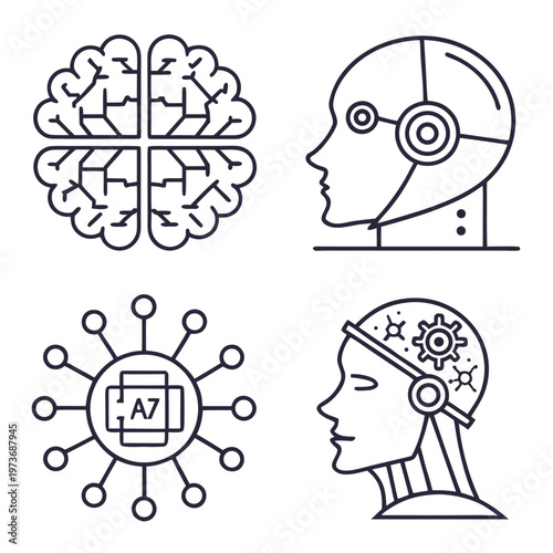 A vector graphic illustration of four icons representing artificial intelligence and brain function