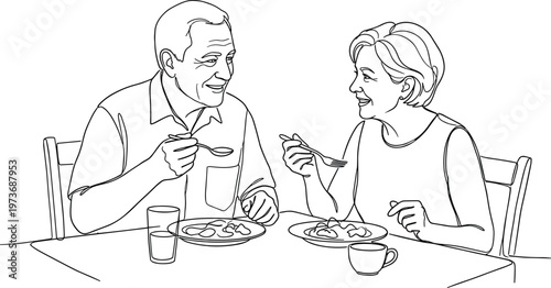 Elderly couple eating together illustration happy seniors dining meal lifestyle family bonding line art vector design