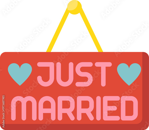 Schilderij op canvas Newlywed celebration features charming, hand-painted sign with hearts, announcing joyous marital status