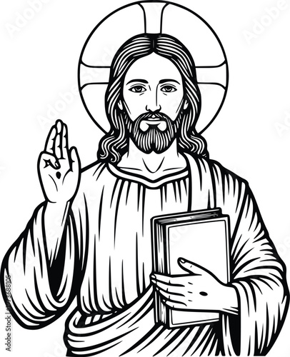 Jesus Christ Holding Bible Blessing Hand Drawn Christian Vector Illustration