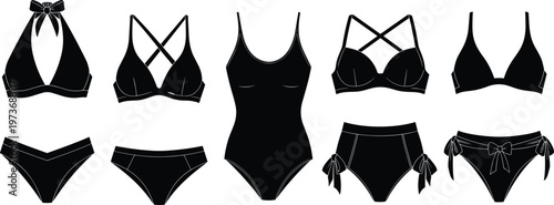 Women swimwear collection vector illustration, bikini and one piece silhouettes set, summer beach fashion, stylish female swimsuit designs, black and white apparel icons, modern clothing styles