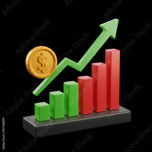 3D finance graph, growing economy chart, dollar coin, business success icon